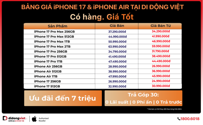 Di Dong Viet Bang gia iPhone 17 iPhone Air 30.9
